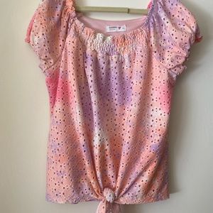 pink and purple tie dye puff sleeve tie front shirt. great condition. never worn